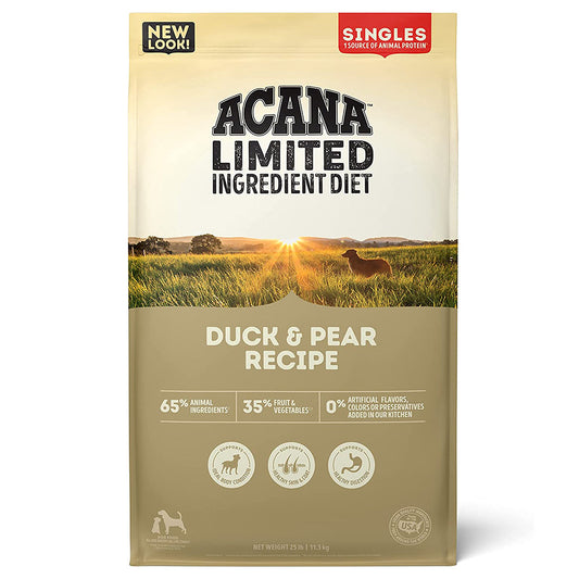 Front of ACANA Singles Limited Ingredient Diet Duck & Pear Recipe dry dog food bag with an olive-green label.