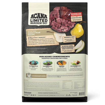 Back of ACANA Singles Duck & Pear Recipe dog food bag, showing ingredients, nutrition information, and feeding guidance.