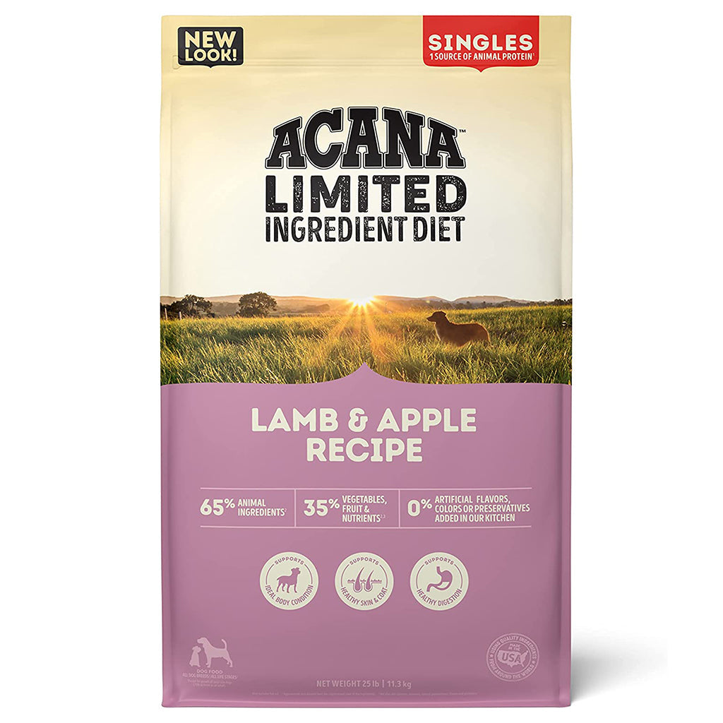 Front of ACANA Singles Limited Ingredient Diet Lamb & Apple Recipe dry dog food bag with a purple label.