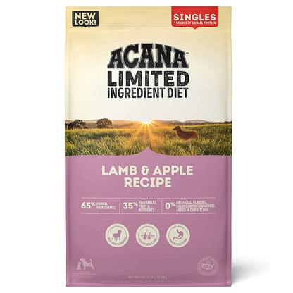 Front of ACANA Singles Limited Ingredient Diet Lamb & Apple Recipe dry dog food bag with a purple label.