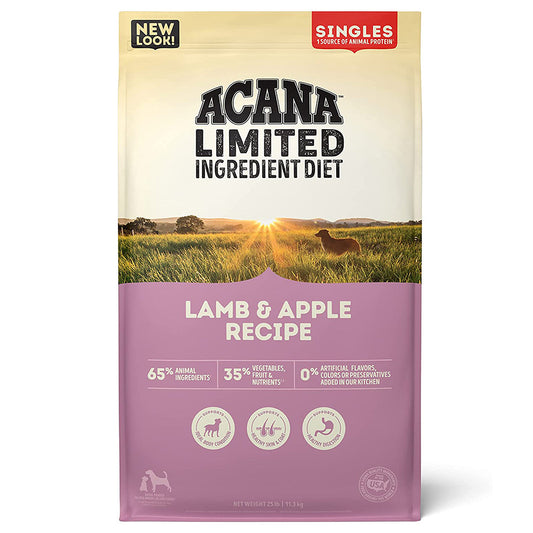 Front of ACANA Singles Limited Ingredient Diet Lamb & Apple Recipe dry dog food bag with a purple label.