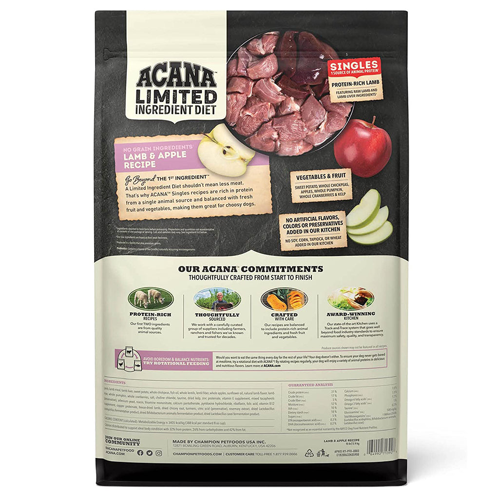 Back of ACANA Singles Lamb & Apple Recipe dog food bag, showing ingredients, nutrition information, and feeding guidance.