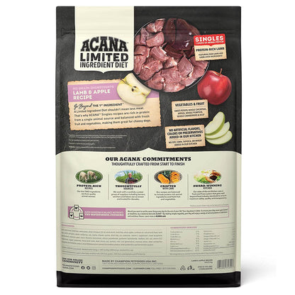 Back of ACANA Singles Lamb & Apple Recipe dog food bag, showing ingredients, nutrition information, and feeding guidance.