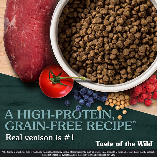 Appalachian Valley Small Breed w/ Venison & Garbanzo Beans in a bowl surrounded by fresh ingredients.