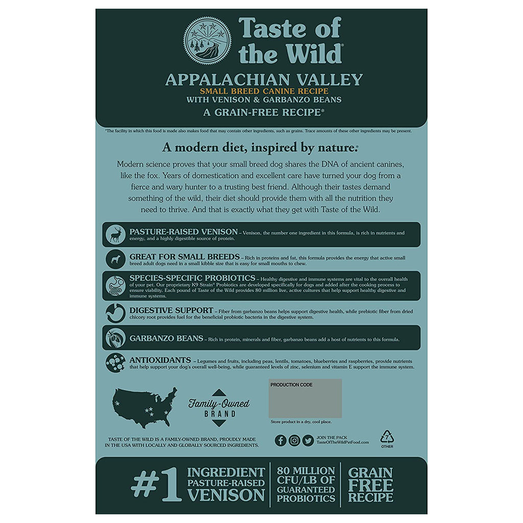 Back of Appalachian Valley Small Breed w/ Venison & Garbanzo Beans bag