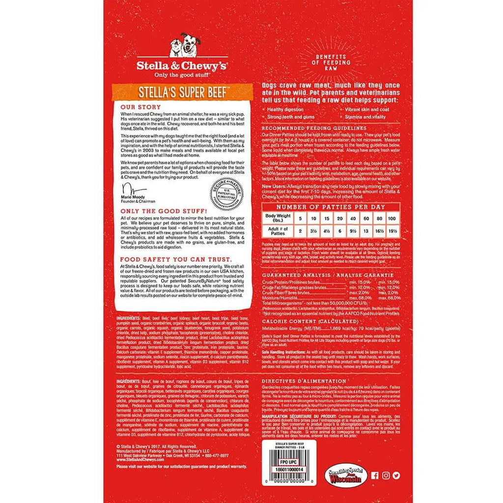 Frozen Raw Beef Dinner Patties back of bag