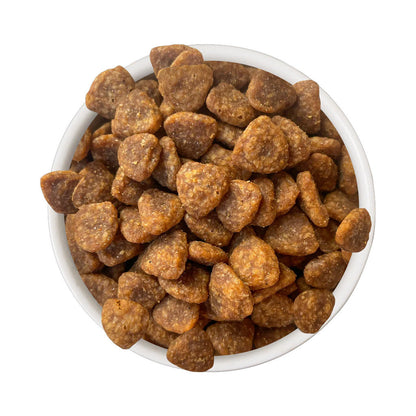 Top view of a white bowl filled with golden-brown Cat Person Savory Chicken crunchy cat treats.