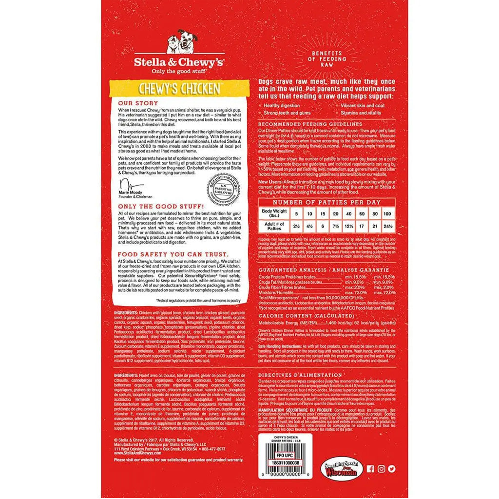 Frozen Raw Chewy’s Chicken Dinner Patties 6lb back of bag.