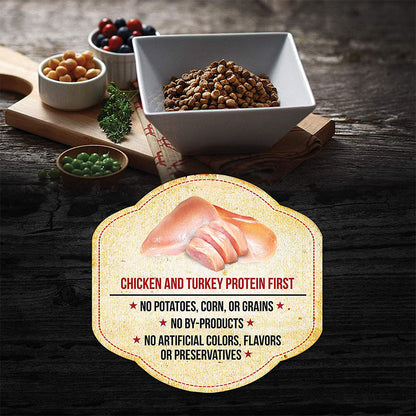 Square bowl of Fussie Cat Market Fresh kibble beside peas, chickpeas and berries, with a chicken and turkey protein first graphic