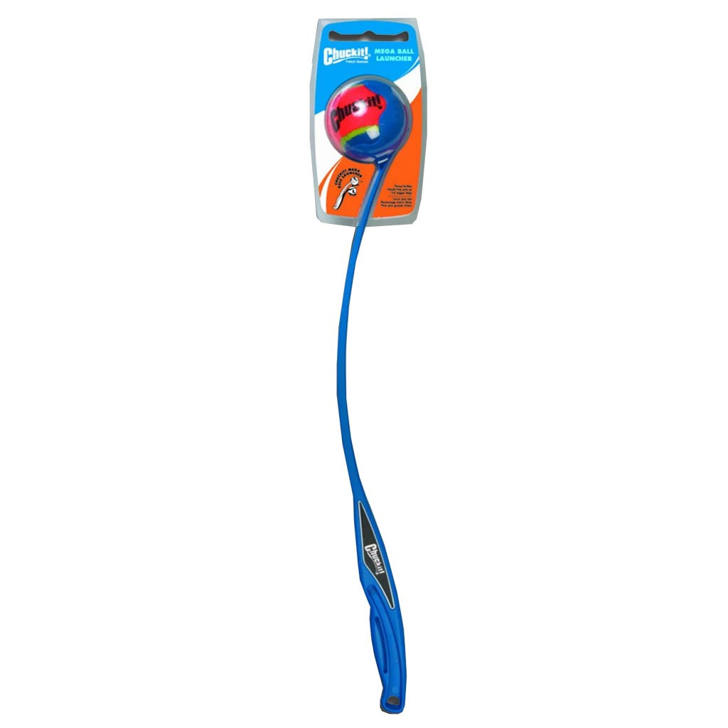Long blue Chuckit! ball launcher with an ergonomic grip and included tennis ball on retail packaging labeled Sport Launcher.