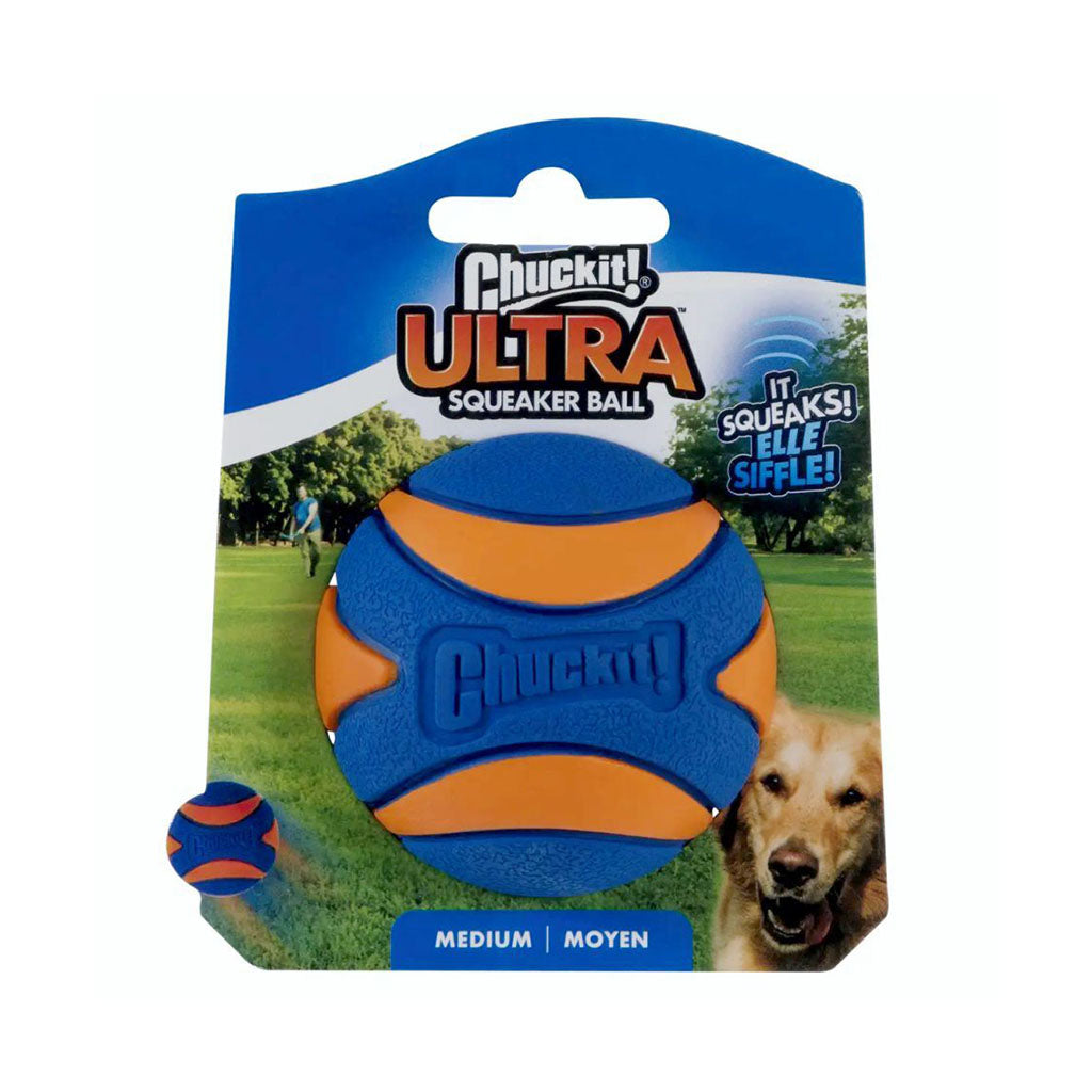 Chuckit! Ultra Squeaker Ball medium single blue and orange rubber ball on purple retail packaging marked Medium.