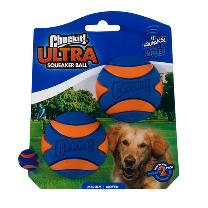 Chuckit! Ultra Squeaker Ball medium two-pack with blue and orange rubber balls on purple packaging marked Medium.