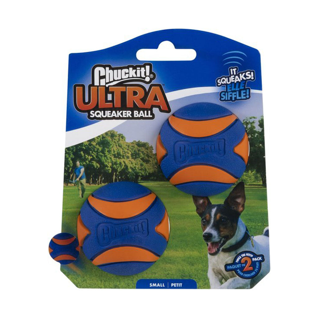 Chuckit! Ultra Squeaker Ball small two-pack with blue and orange rubber balls on purple packaging marked Small.