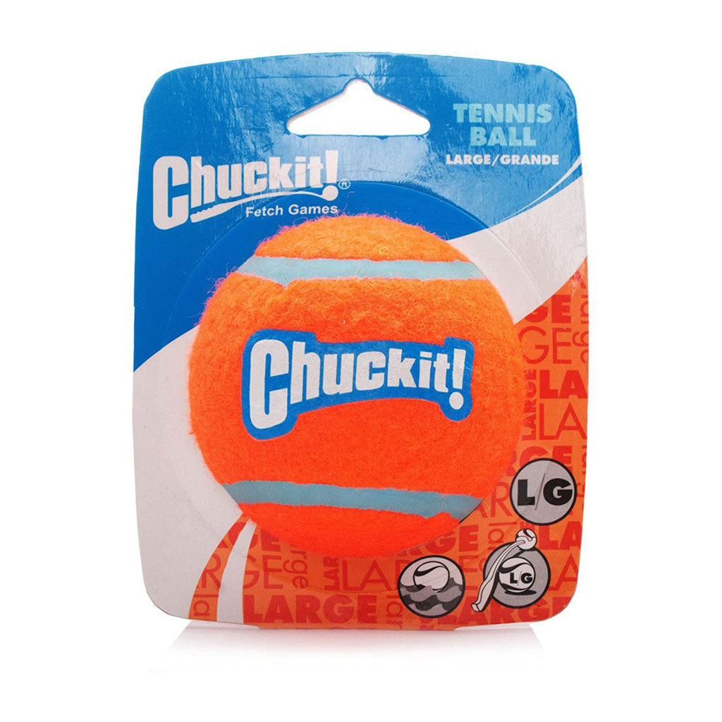 Chuckit! large orange tennis ball with blue seams on blue and orange retail packaging marked Large.
