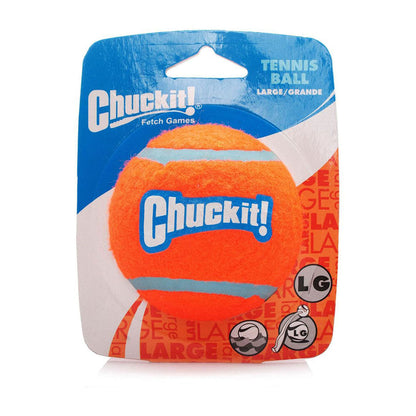 Chuckit! large orange tennis ball with blue seams on blue and orange retail packaging marked Large.