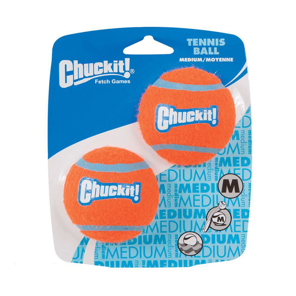 Chuckit! medium tennis ball two-pack on blue packaging, with orange balls and blue seams.