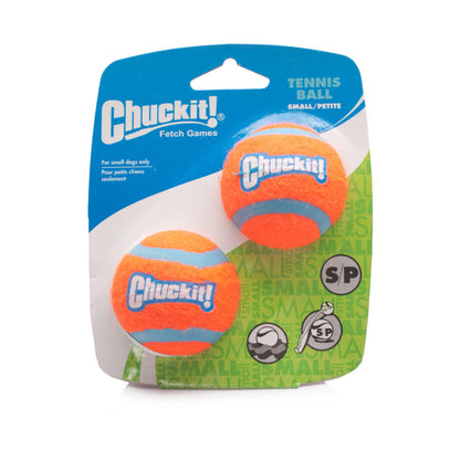 Chuckit! small tennis ball two-pack on blue and green packaging, with orange balls and blue seams.