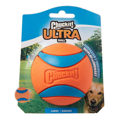 Chuckit! Ultra Ball large single orange rubber ball with blue bands on retail packaging marked Large.