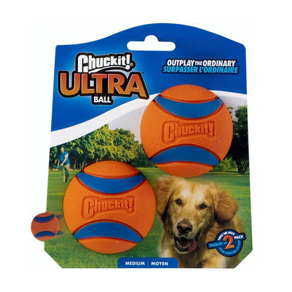 Chuckit! Ultra Ball medium two-pack with orange and blue rubber balls on retail packaging marked Medium.