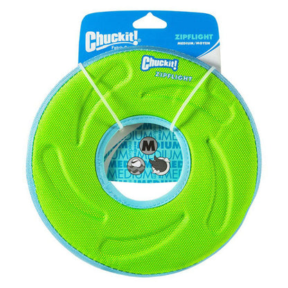 Green Chuckit! Zipflight medium flying disc with a blue rim and center opening on retail packaging marked Medium.