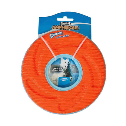 Orange Chuckit! Amphibious Zipflight small flying disc with a blue rim and center opening on packaging marked Small.