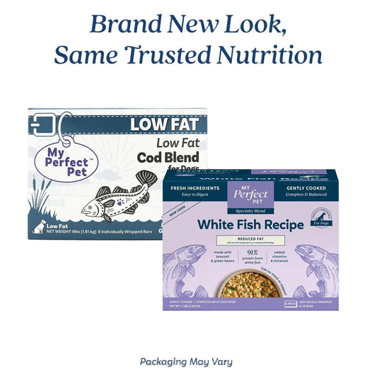 Old My Perfect Pet Low Fat Cod Blend packaging next to new My Perfect Pet Reduced Fat White Fish Recipe packaging. Brand New Look, Same Trusted Nutrition. Packaging May Vary