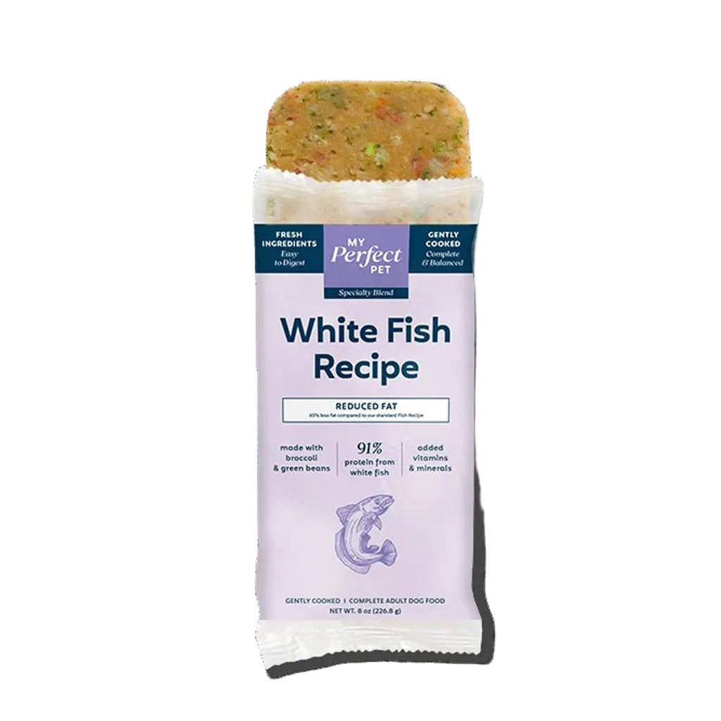 Single My Perfect Pet Reduced Fat White Fish Recipe bar in packaging
