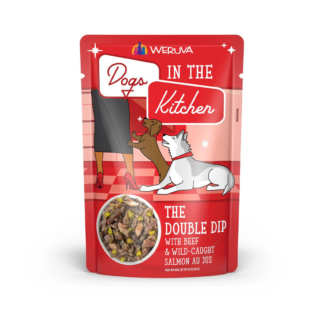 Weruva Dogs in the Kitchen The Double Dip with beef and wild-caught salmon au jus 2.8oz pouch