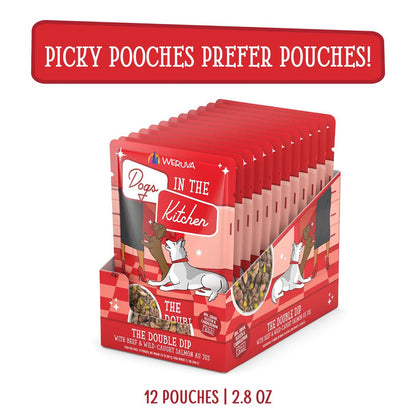 Weruva Dogs in the Kitchen The Double Dip with beef and wild-caught salmon au jus case of 12 2.8oz pouches. Picky Pooches Prefer Pouches!