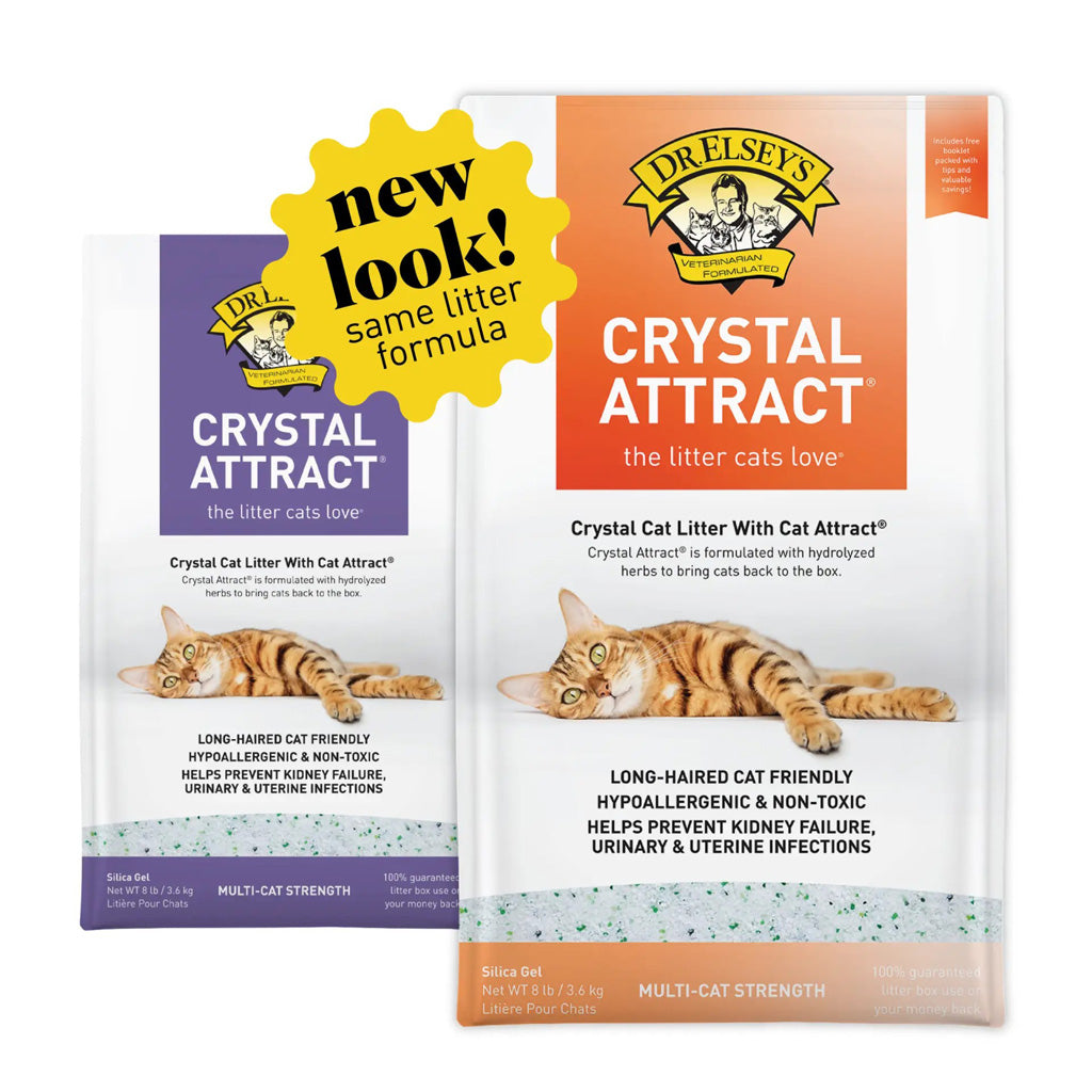 Dr. Elsey's old crystal attract litter packaging next to new packaging