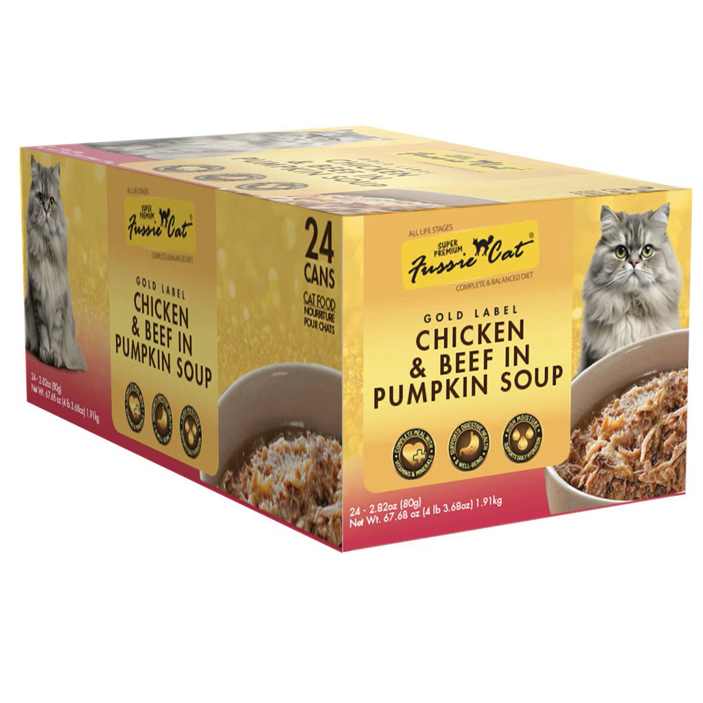 Fussie Cat chicken and beef in pumpkin soup case of 24 2.8oz cans