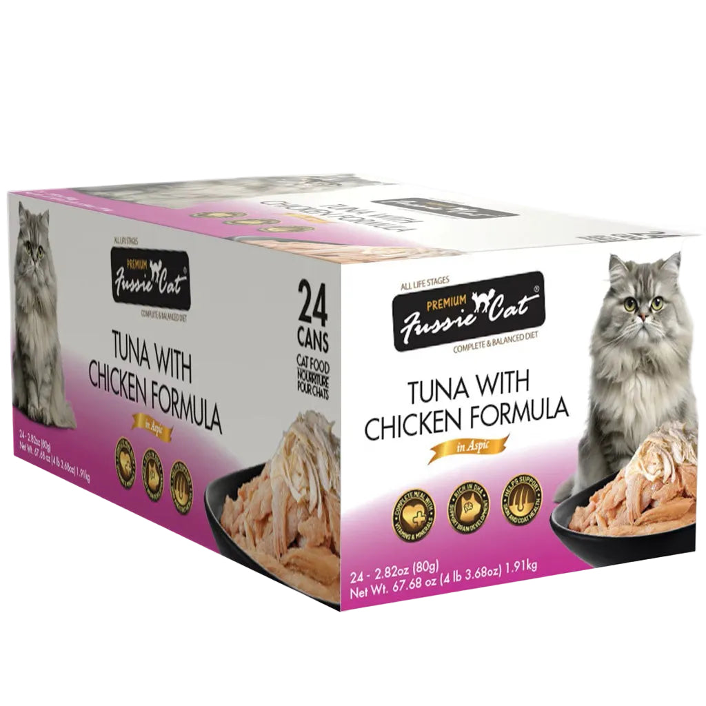 Fussie Cat tuna with chicken formula in aspic case of 24 2.8oz cans
