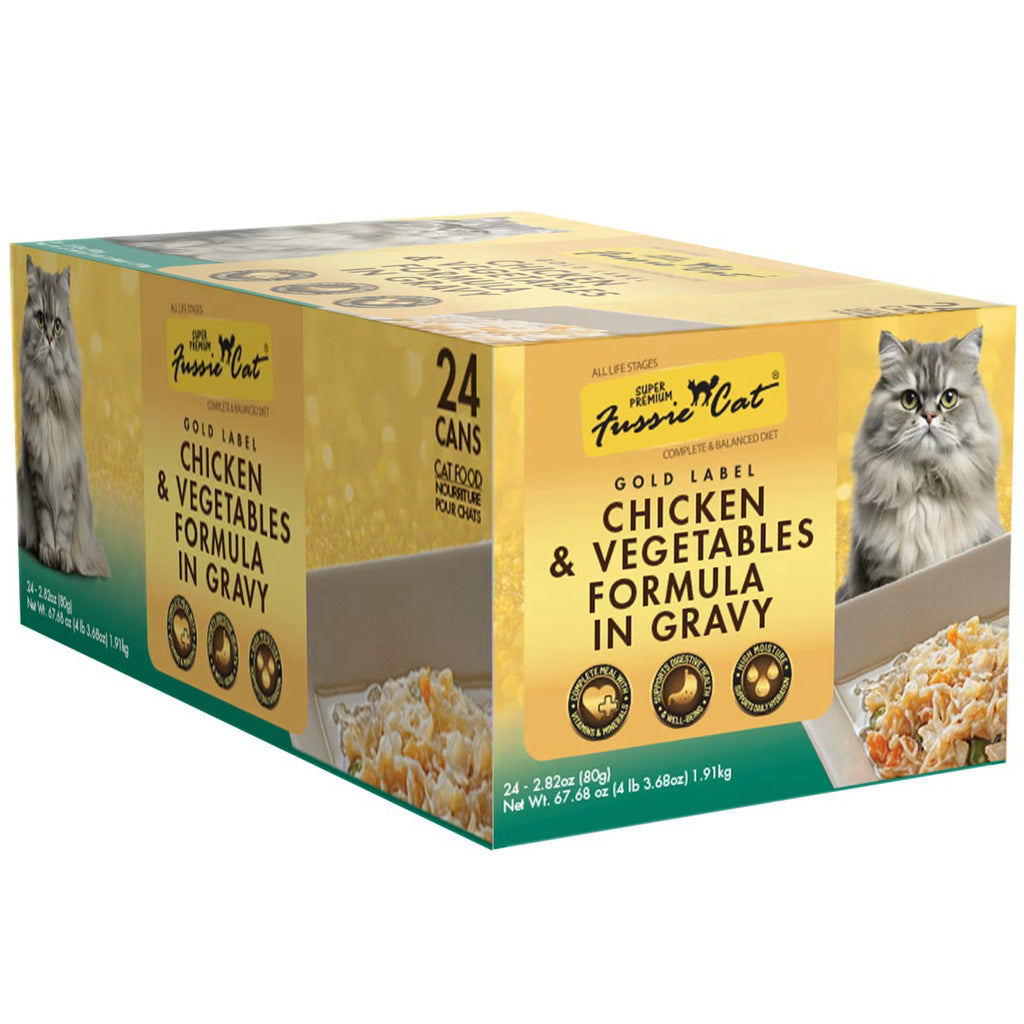 Fussie Cat chicken and vegetables formula in gravy case of 24 2.8oz cans