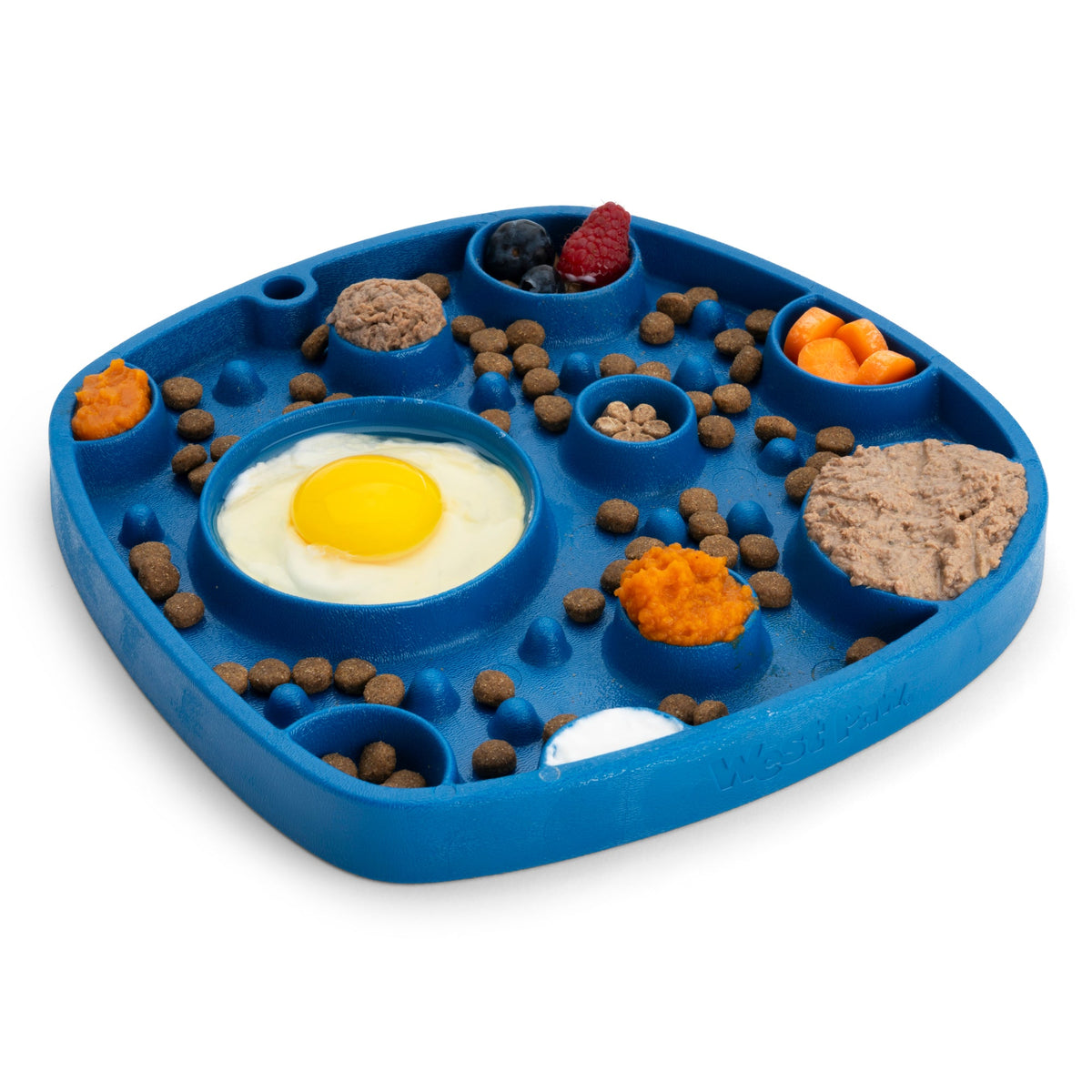 Feast Mat All-in-One Slow Feeder & Lick Mat filled with treats kibble egg and fruits and veggies. 