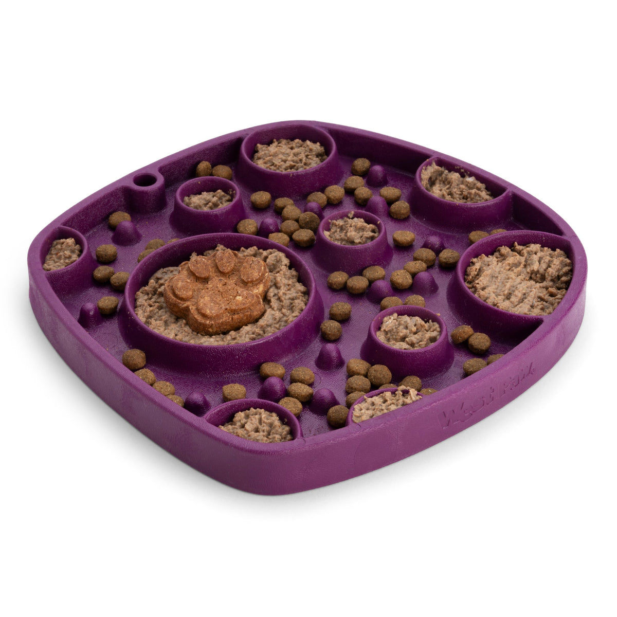 Feast Mat All-in-One Slow Feeder & Lick Mat filled with pate and kibble.
