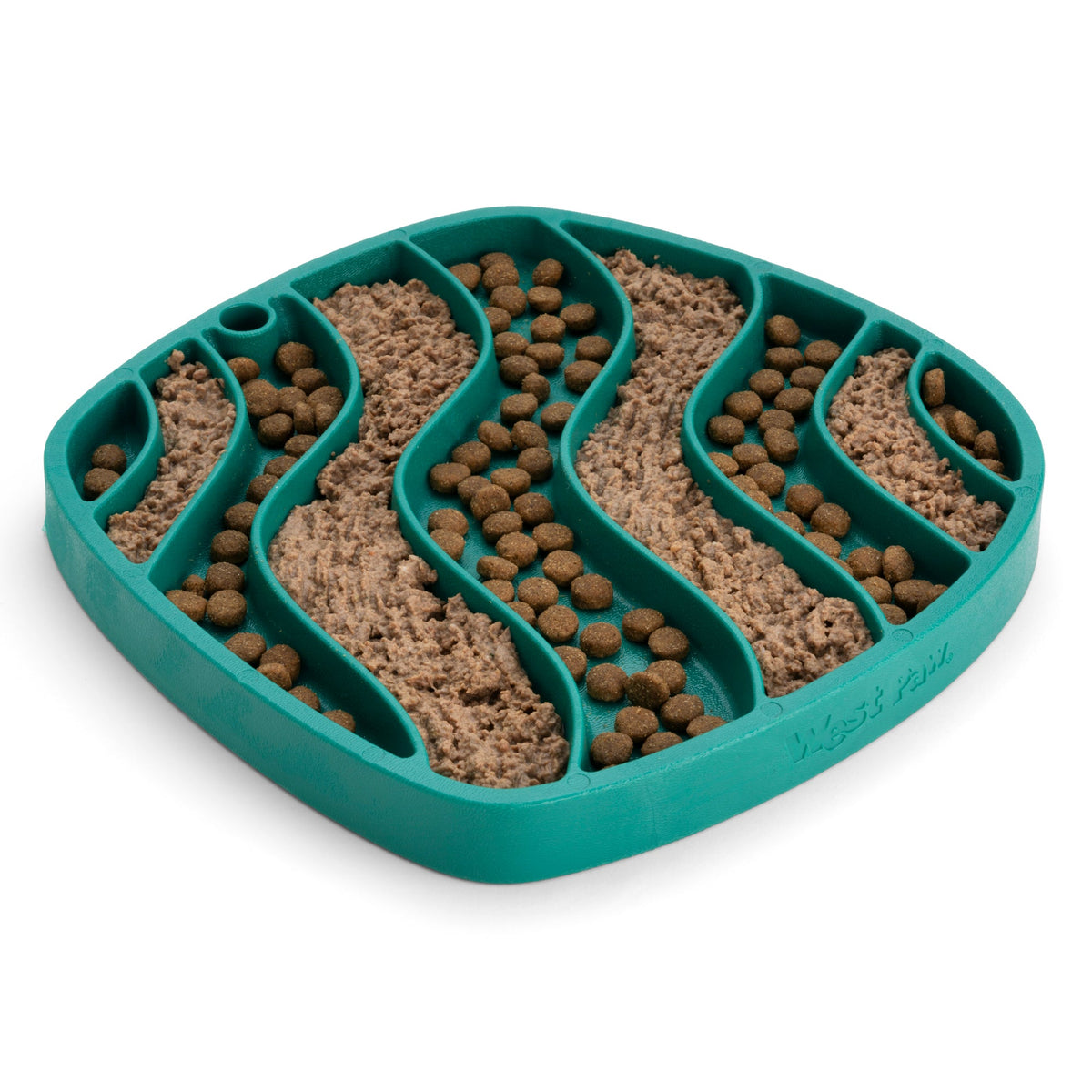 Feast Mat All-in-One Slow Feeder & Lick Mat with kibble and pate. 