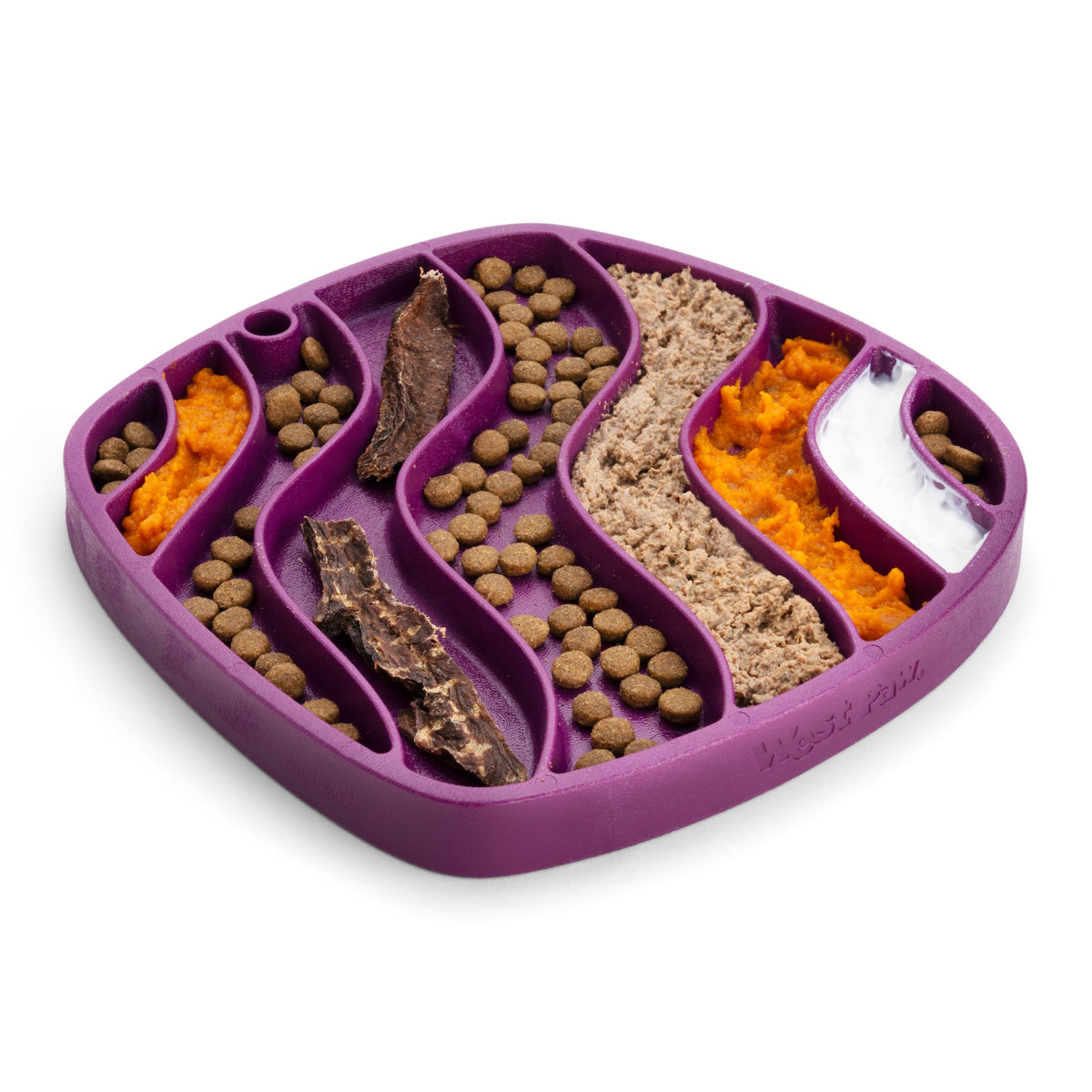 Feast Mat All-in-One Slow Feeder & Lick Mat filled with treats pate and kibble. 