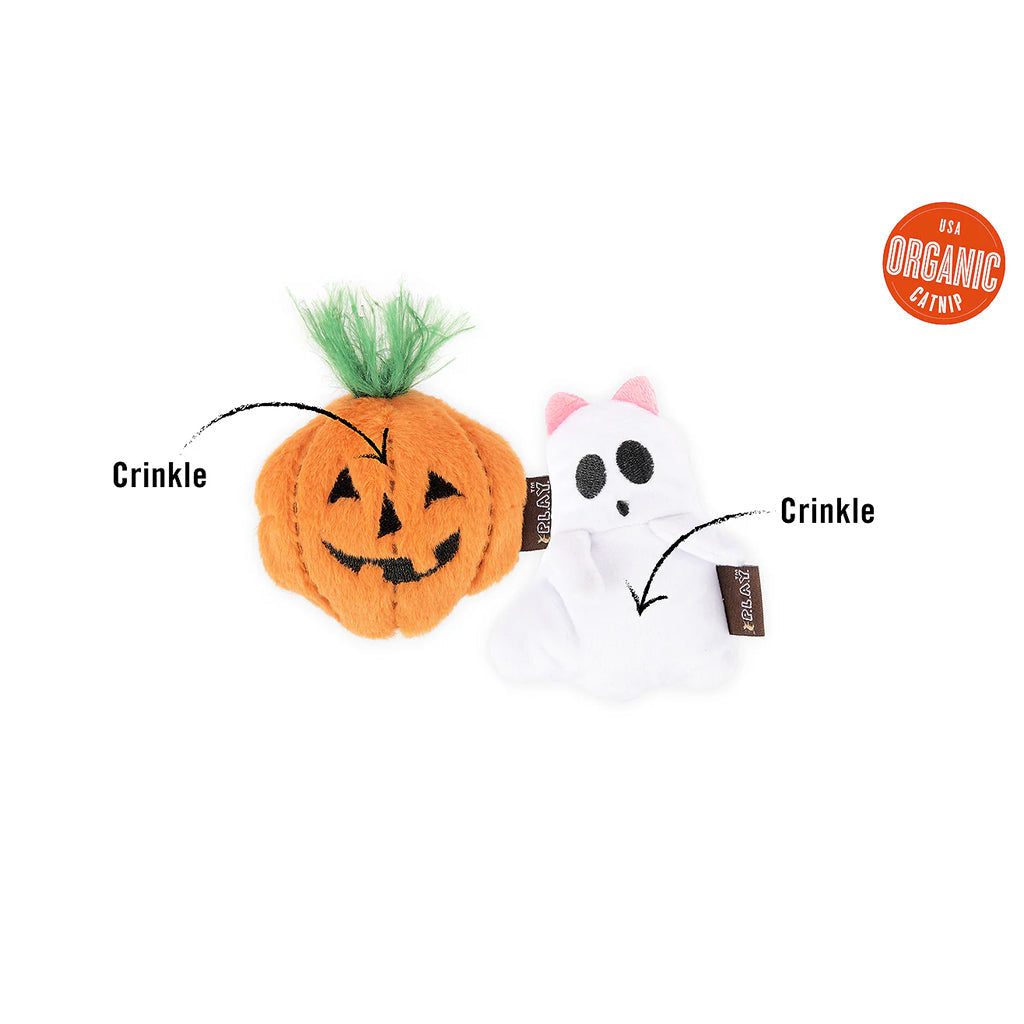 Cat catnip toys shaped like a pumpkin and a ghost with crinkle sounds. 