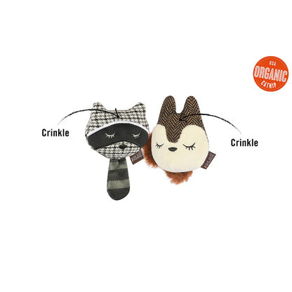 Cat catnip toys shaped like a fox and a raccoon with crinkle sounds. 