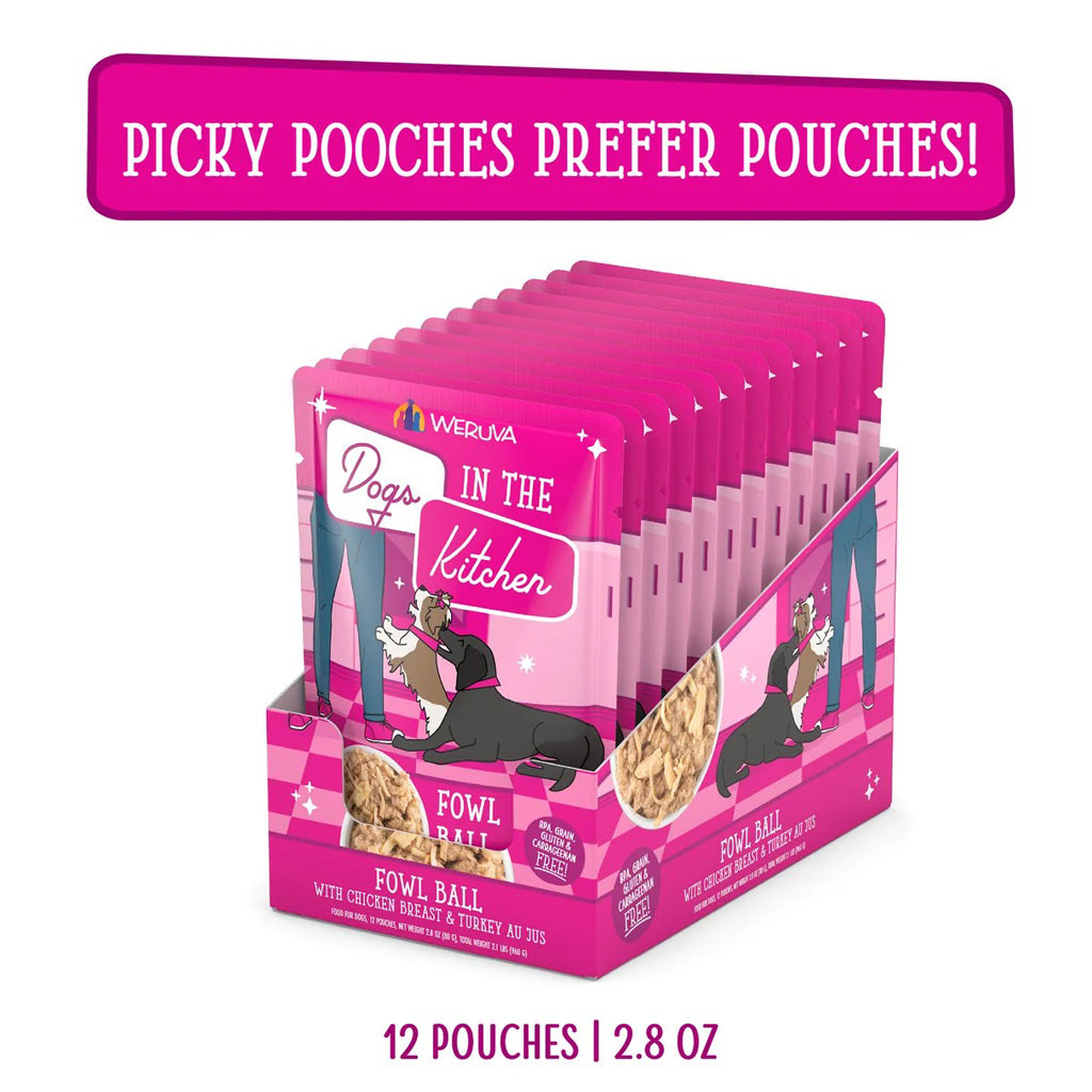 Weruva Dogs in the Kitchen Fowl Ball with chicken breast and turkey au jus case of 12 2.8oz pouches. Picky Pooches Prefer Pouches!