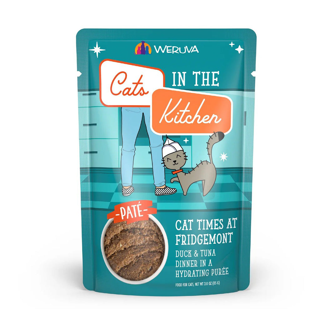 Weruva Cats in the Kitchen Cat Times at Fridgemont duck and tuna dinner in a hydrating puree 3 oz pouch