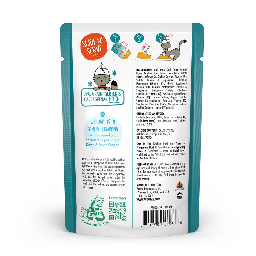 Weruva Cats in the Kitchen Cat Times at Fridgemont duck and tuna dinner in a hydrating puree 3oz back of pouch