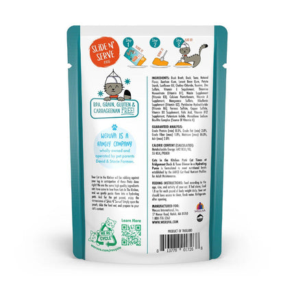 Weruva Cats in the Kitchen Cat Times at Fridgemont duck and tuna dinner in a hydrating puree 3oz back of pouch