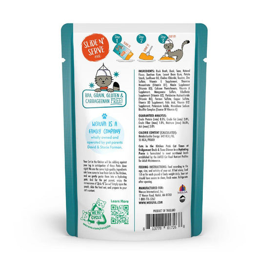 Weruva Cats in the Kitchen Cat Times at Fridgemont duck and tuna dinner in a hydrating puree 3oz back of pouch