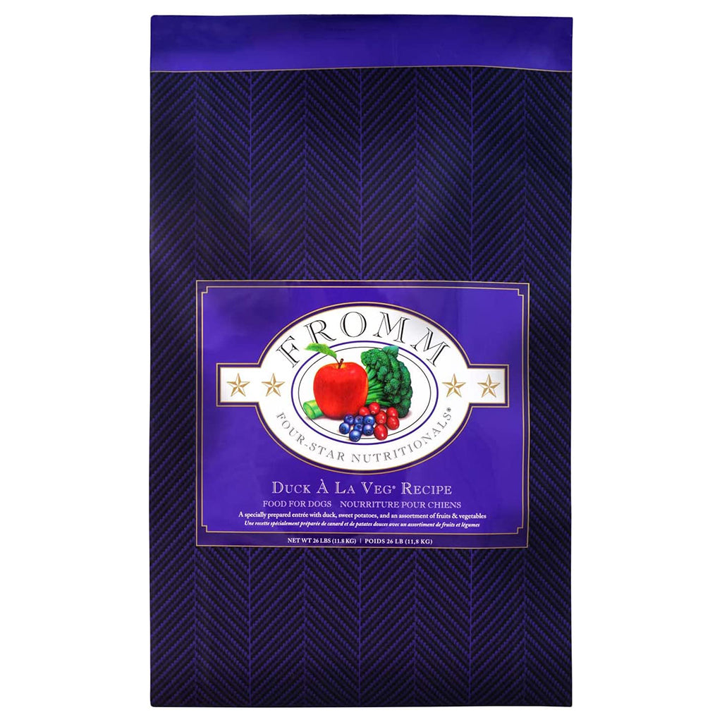 26 lb purple bag of Fromm Four-Star Nutritionals Duck À La Veg Recipe dry dog food