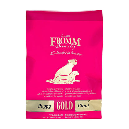 15 lb pink bag of Fromm Family Gold Puppy dry dog food