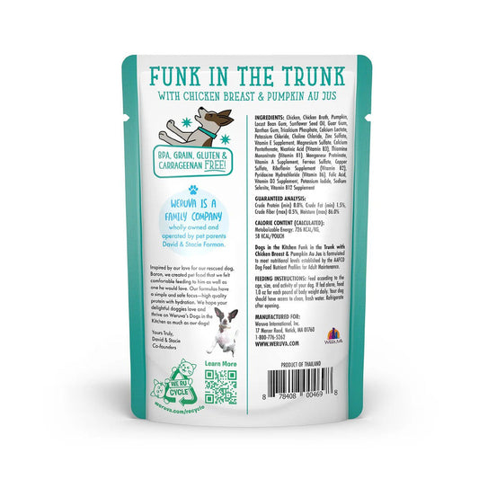 Weruva Funk in the Trunk with chicken breast and pumpkin au jus 2.8oz back of pouch