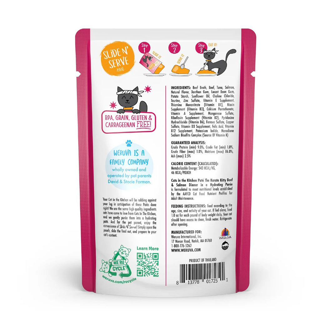 Weruva Cats in the Kitchen The Karate Kitty beef and salmon dinner in a hydrating puree 3oz back of pouch