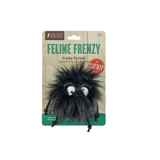 P.L.A.Y. Feline Frenzy Frisky Furball black fuzzy catnip toy attached to its retail display card.