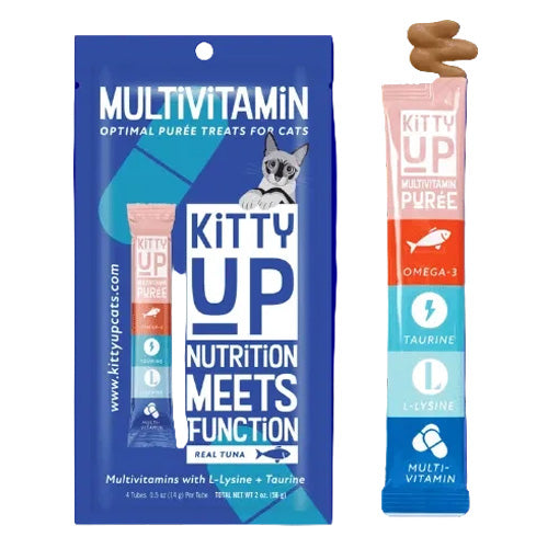 Kitty Up Multivitamin tuna puree for cats, purple four-pack pouch beside a single tube topped with puree.